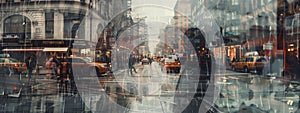 Double exposure of a city street and rainfall.