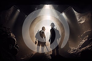 double exposure of coal miners in the depths of a mine shaft, with beams of sunlight shining through