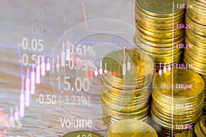 Double exposure of coin stack with stock market screen chart boa