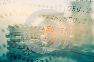 Double exposure of coins and book bank , for finance background