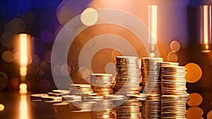 Double exposure of coins stacks and cityscape background, business and finance concept idea, Double exposure presenting a stack of