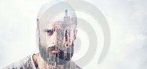 Double exposure concept with bearded man. Wide