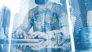 Double exposure concept.Bearded man working in the office.Coworker typing at a computer keyboard.Woman holding