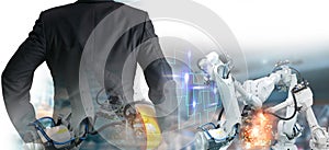 Double Exposure concept Industrial engineer robot working control