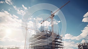 Double exposure of construction buildings cranes and buildings foggy sky background generated ai