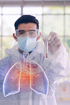 Double exposure of coronavirus covid-19 infected blood sample in sample tube in hand of scientist with biohazard protection cloth