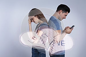 Double exposure of couple with relationship problems and broken heart