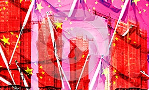 Double exposure creative hologram of unfinished supertall building and Chinese flag. Describe China\'s real estate collapse