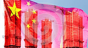 Double exposure creative hologram of unfinished supertall building and Chinese flag. Describe China\'s real estate collapse