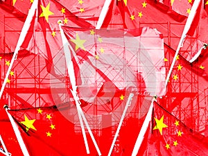Double exposure creative hologram of unfinished supertall building and Chinese flag. Describe China\'s real estate collapse