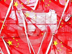 Double exposure creative hologram of unfinished supertall building and Chinese flag. Describe China\'s real estate collapse
