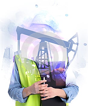 Double exposure of crude oil pumps and woman wearing uniform on white background