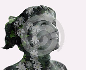 Double exposure, 3D, inner world, art, thoughts, feelings, fantasies, dreams, creativity, beauty, flowers, landscape, portrait, fa