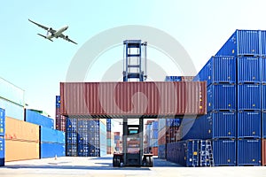 Double exposure of delivery industry and logistics concept container truck ,ship in port and freight cargo plane in transport and