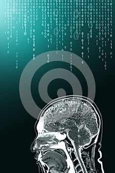 Double exposure of digital ai tecnology abstract background of human brain from MRI with background of digital code photo