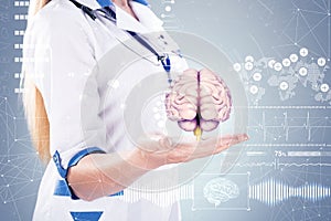 Double Exposure, Doctor with stethoscope and brains on the hands . gray background.