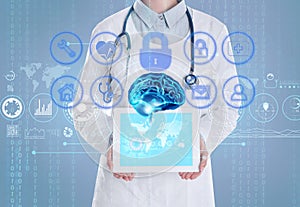 Double exposure of doctor with tablet and artificial intelligence model. Machine learning