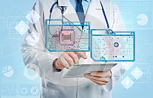 Double exposure of doctor using tablet and machine learning model