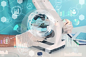 Double exposure of doctor working with microscope, machine learning model