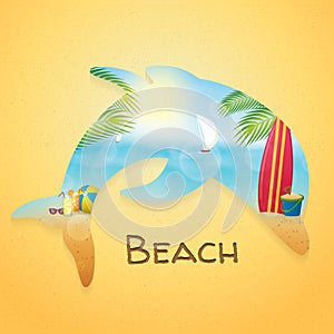 Double exposure of dolphin and beach. Vector illustration decorative design