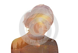 Double exposure of dreamy woman and mountain landscape. Concept of inner power