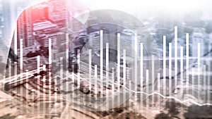 Double exposure Economics growth diagrams on blurred background. Business and investment concept