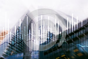 Double exposure Economics growth diagrams on blurred background. Business and investment concept photo