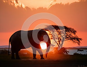 Double Exposure Effect of Elephant at Sunset