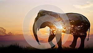 Double Exposure Effect of Elephant at Sunset