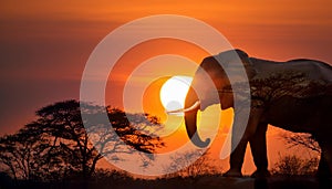 Double Exposure Effect of Elephant at Sunset