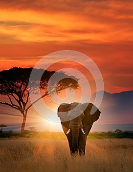 Double Exposure Effect of Elephant at Sunset