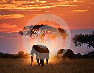 Double Exposure Effect of Elephant at Sunset