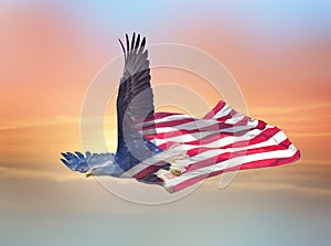 Double exposure effect of north american bald eagle on american flag