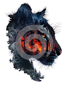 Double Exposure Effect of Panther at Sunset, isolated on White Background. AI generated Illustration