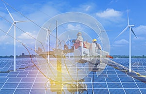 Double exposure electricians repairing wire of the power line on bucket hydraulic lifting with solar panels and wind turbines