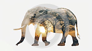 Double exposure of elephant with nature and sunset in background. Generative AI