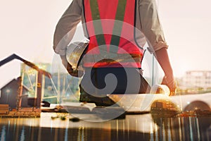 Double Exposure of Engineer in Safety Equipment on Shipping Terminal Industry Background, Technician Man Operator of Handling