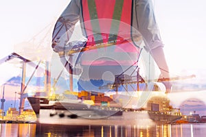 Double Exposure of Engineer in Safety Equipment on Shipping Terminal Industry Background, Technician Man Operator of Handling