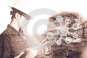 Double exposure of Engineer or Technician man with digital icon