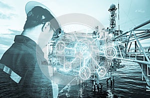 Double exposure of Engineer or Technician man with digital icon
