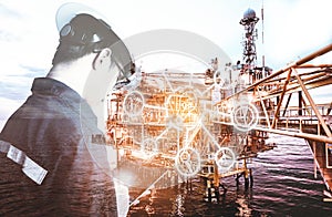 Double exposure of Engineer or Technician man with digital icon