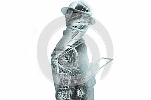 Double exposure of Engineer or Technician man with safety helmet operated platform or plant by using tablet with offshore oil and