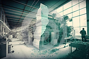 double exposure of factory floor with pulping and paper making machinery in the background