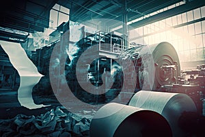 double exposure of factory floor with pulping and paper making machinery in the background