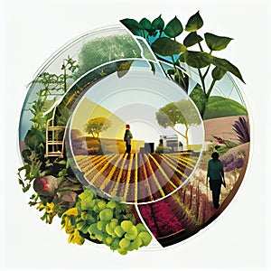 Double exposure of farmer and sundown on the plantation landscape created with Generative Ai