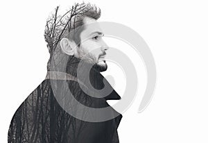 Double exposure fashion elegant bearded free man in profile