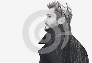 Double exposure fashion elegant bearded free man in profile pensive looks