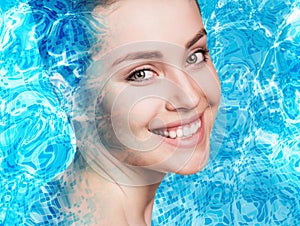 Double exposure of female face and water pool ripple.