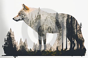 Double exposure of a forest and an arctic wolf