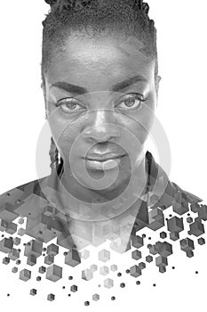 A double exposure full face portrait of a young woman combined with 3d cubes.